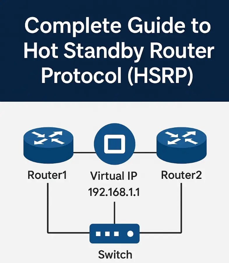HSRP network diagram showing Router1 and Router2 connected to a Virtual IP (192.168.1.1) and a switch, with logical virtual IP icon