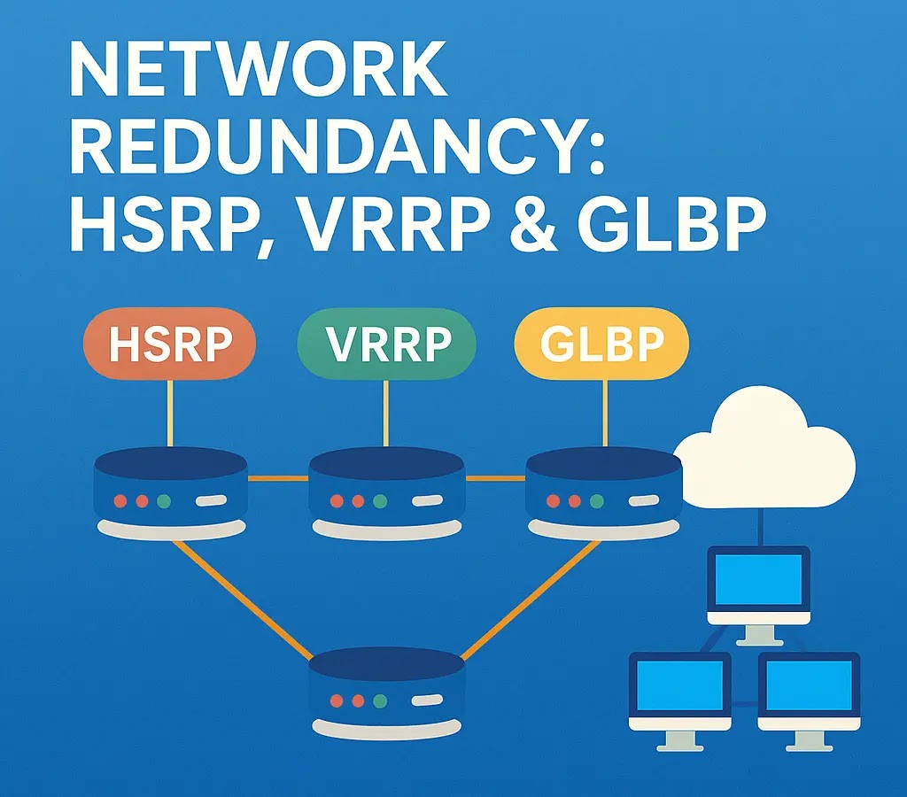 Network Redundancy Diagram showing HSRP, VRRP, and GLBP protocols connected with routers and cloud