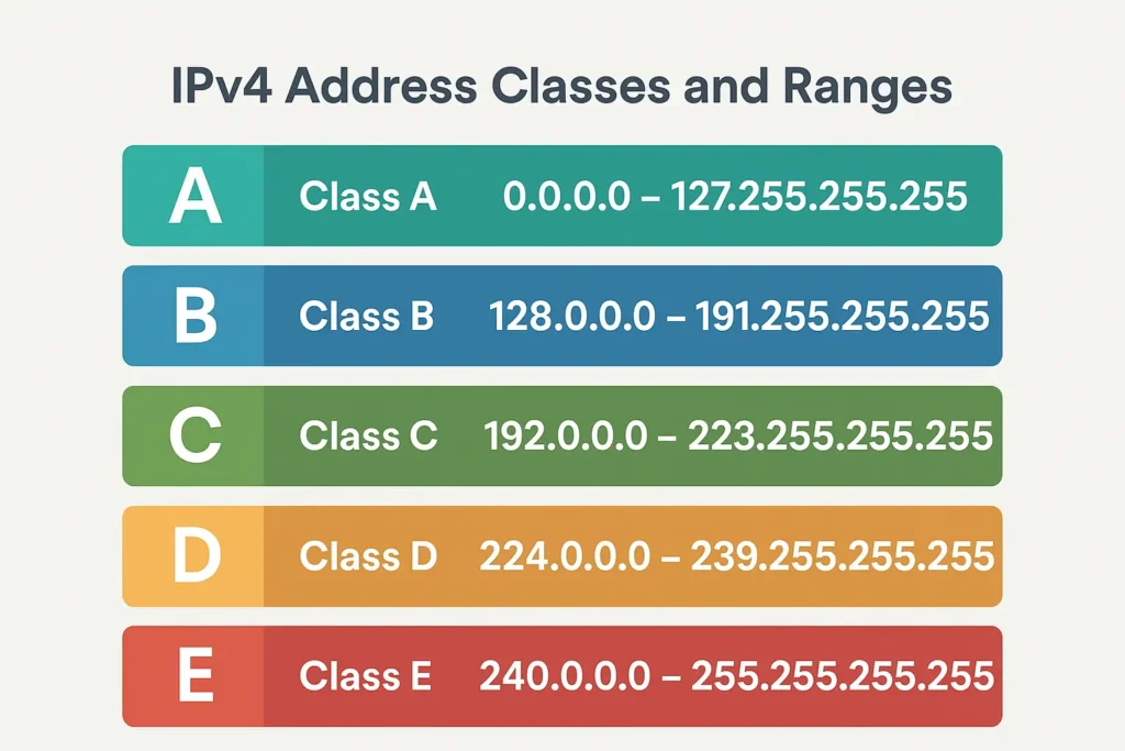 Infographic showing IPv4 address classes A, B, C, D, and E with their IP ranges and color-coded blocks