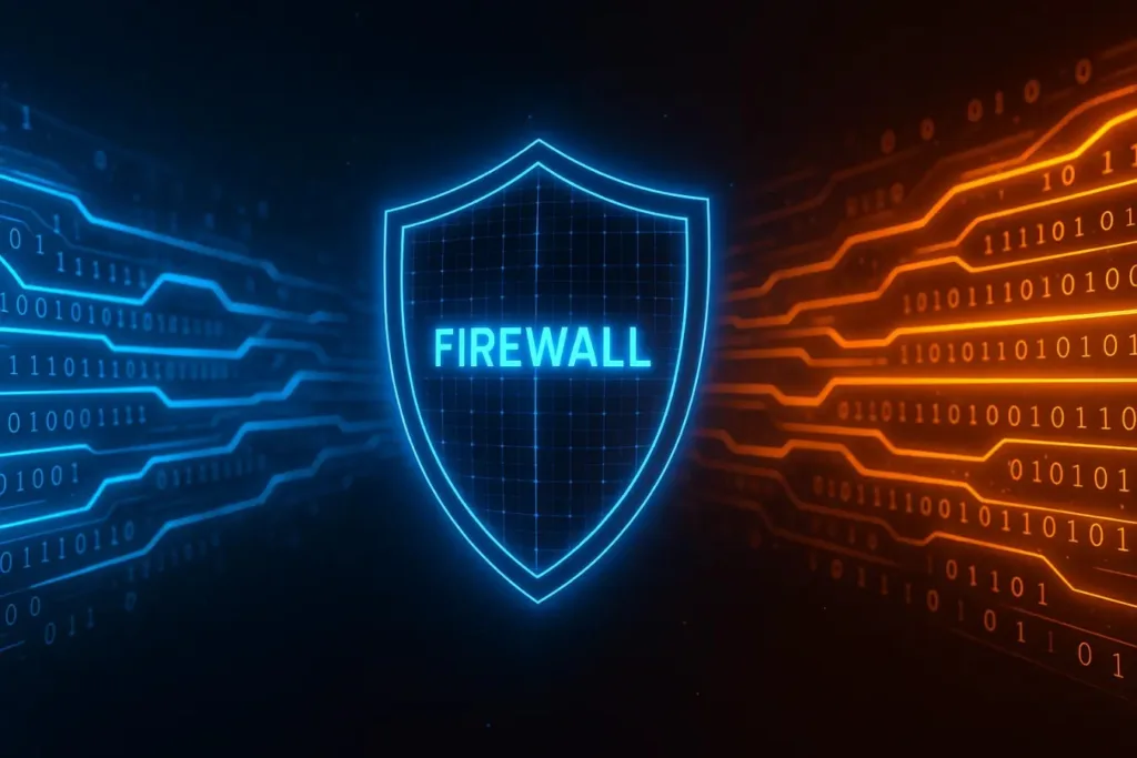 Illustration of Next-Generation Firewalls with shield, lock, and browser symbolizing cybersecurity protection against modern threats.