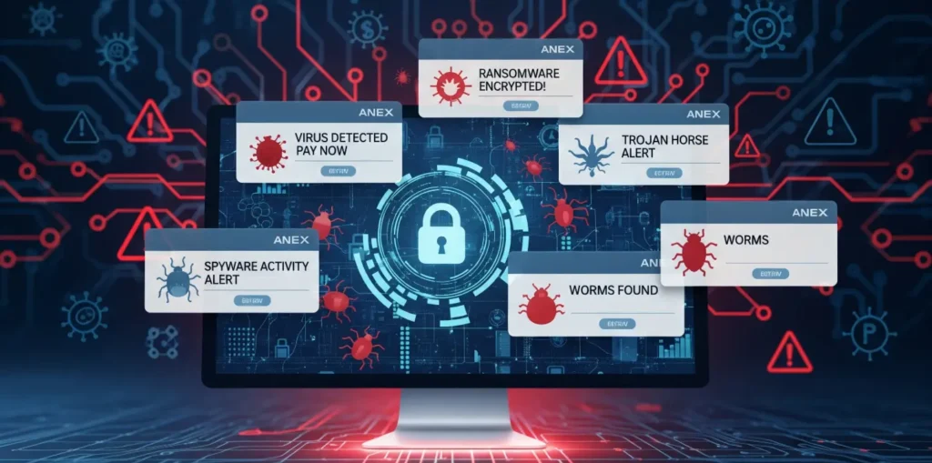 Illustration showing different types of malware like virus, trojan, ransomware, and spyware on a computer screen