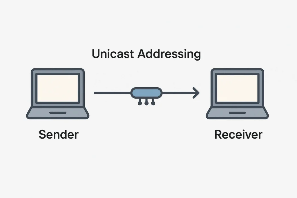 Diagram showing Unicast Addressing where one sender communicates directly with one receiver