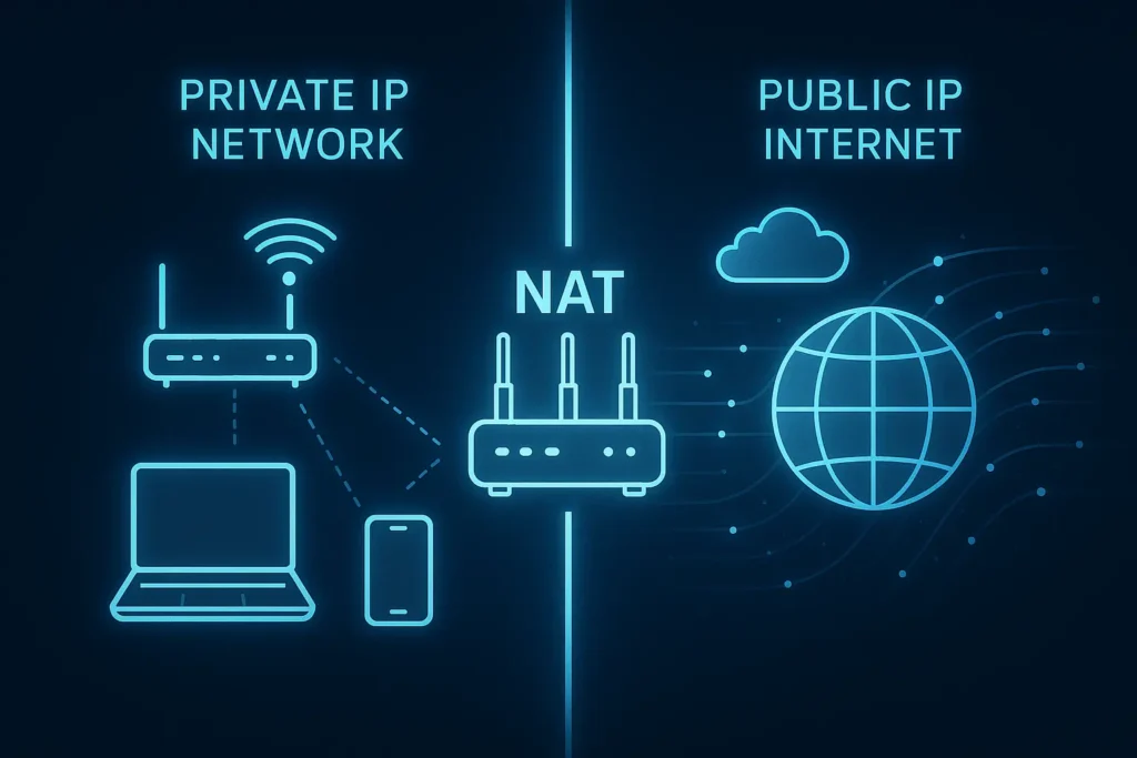 Private vs Public IP addresses with NAT illustration showing network devices, router, and internet connection
