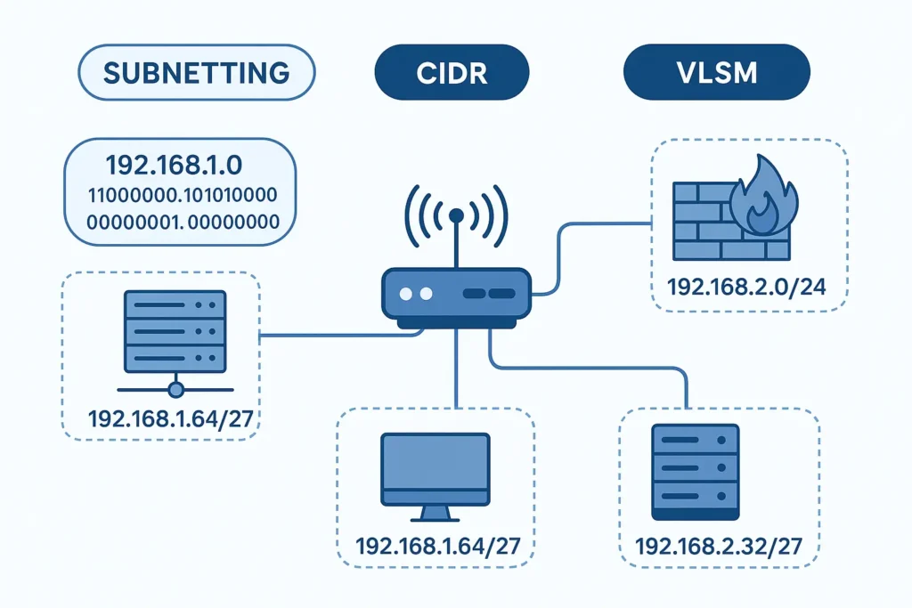 Infographic showing subnetting, CIDR, and VLSM concepts with network diagram and IP address