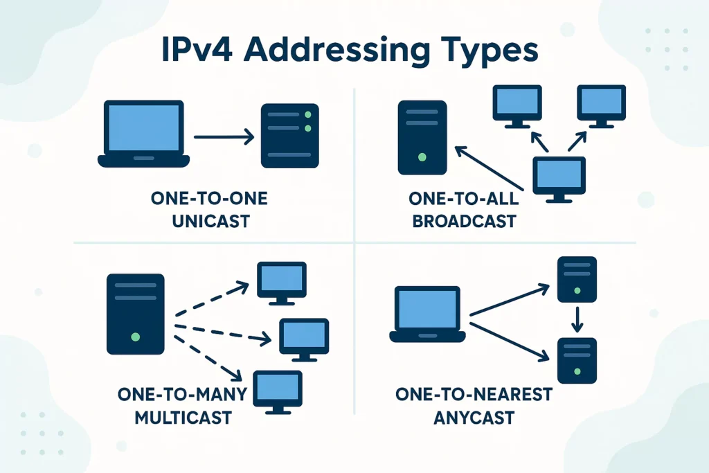 Diagram illustrating types of IPv4 addressing — Unicast (one-to-one), Broadcast (one-to-all), Multicast (one-to-many), and Anycast (one-to-nearest).