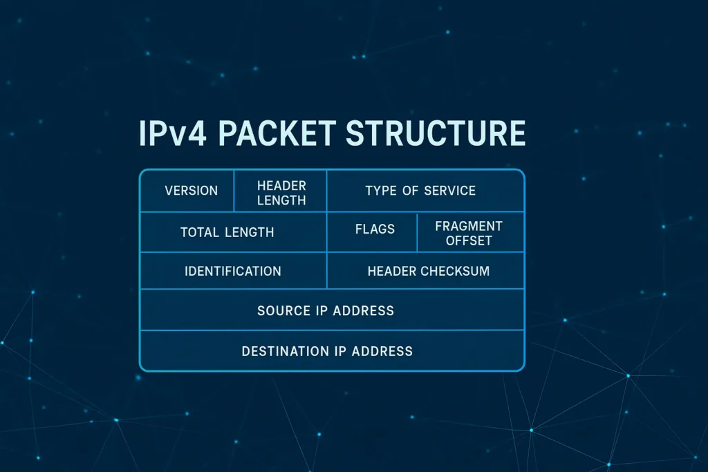 Flat-style infographic of an IPv4 packet structure with labeled header fields on a digital network background.