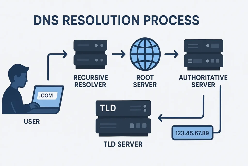 Flowchart of the DNS resolution process showing how a domain name query travels through recursive resolver, root, TLD, and authoritative servers.