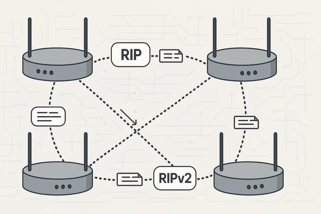 Illustration of RIP and RIPv2 protocol with routers and data packets in a computer network