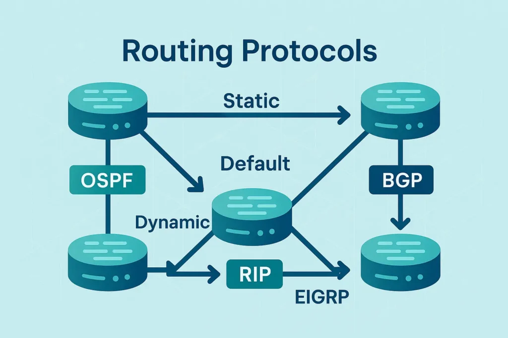Illustration of routing protocols in computer networking showing static, default, and dynamic protocols like OSPF, RIP, EIGRP, and BGP.