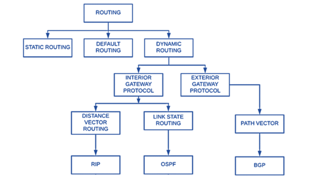 Types of Routing Protocols chart showing distance vector, link state, and hybrid routing methods.