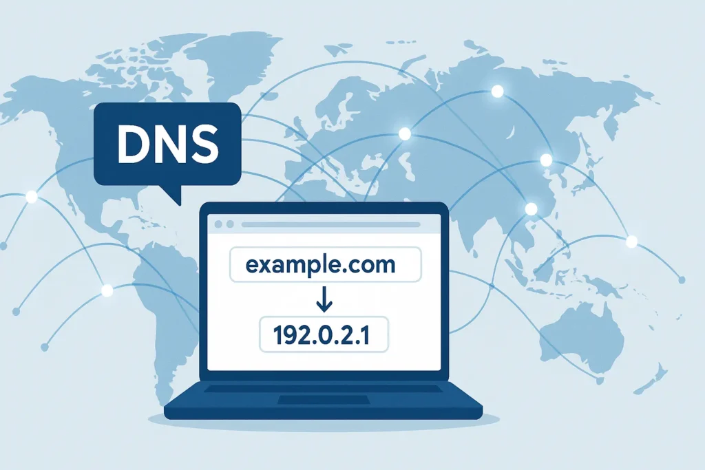 Illustration of what is DNS, translating domain names into IP addresses, representing the Internet’s phonebook.