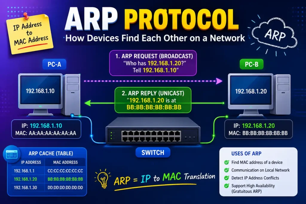 Illustration showing how the ARP protocol resolves IP addresses to MAC addresses using ARP Request and ARP Reply between two devices on a local network.