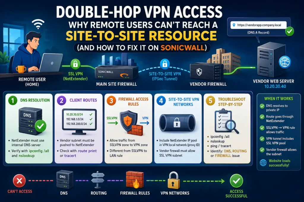 Network diagram showing a SonicWall SSL VPN (NetExtender) remote user accessing a vendor web server through a site-to-site VPN tunnel, highlighting DNS resolution, client routes, firewall rules, and VPN network configuration required for successful double-hop VPN access.