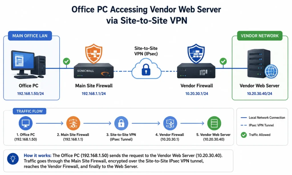 Network diagram showing an office PC accessing a vendor web server through a SonicWall firewall and an IPsec site-to-site VPN tunnel between the main office and the vendor network.