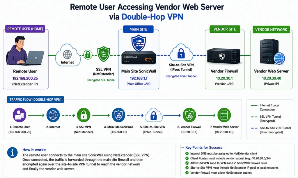 Network diagram illustrating a remote user connecting through SonicWall NetExtender SSL VPN and a Site-to-Site IPsec VPN to securely access a vendor web server hosted on a private network.
