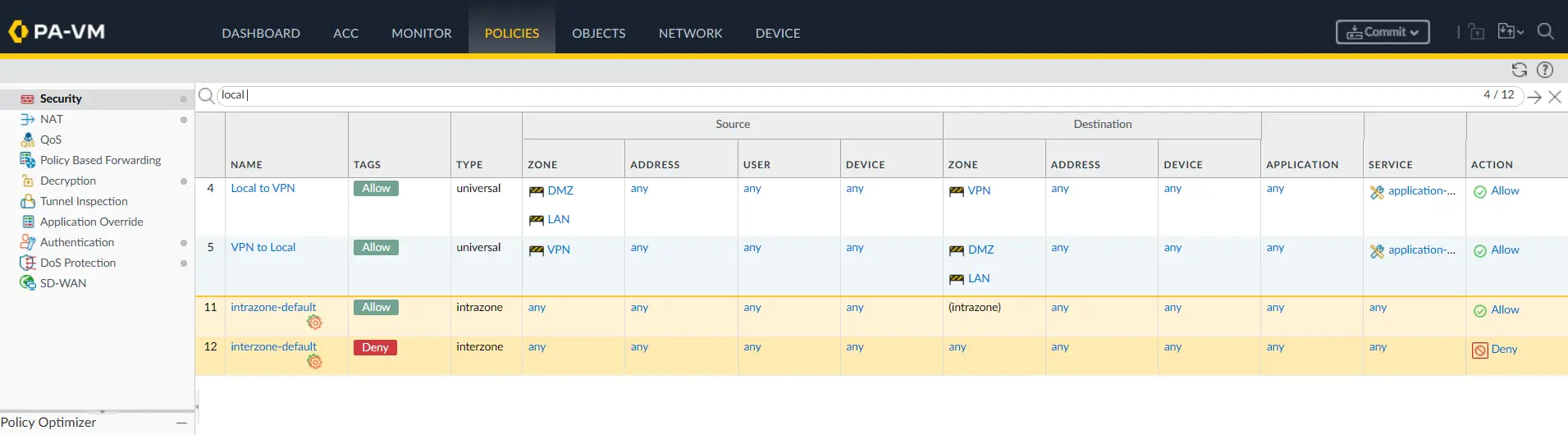 PA-1 security policies allowing traffic between the DMZ and VPN zones