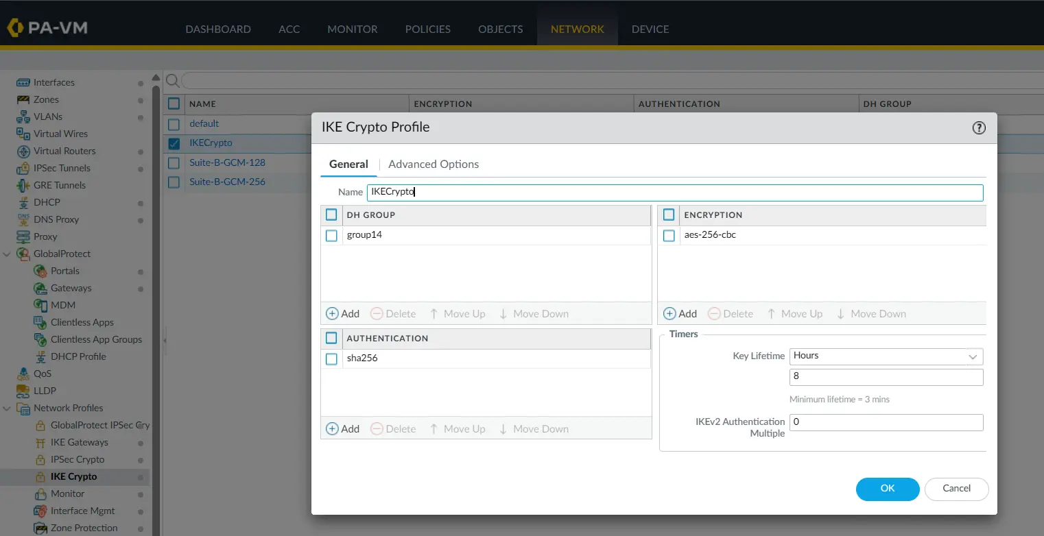 PA-1 IKE Crypto Profile showing DH Group 14, AES-256-CBC and SHA-256