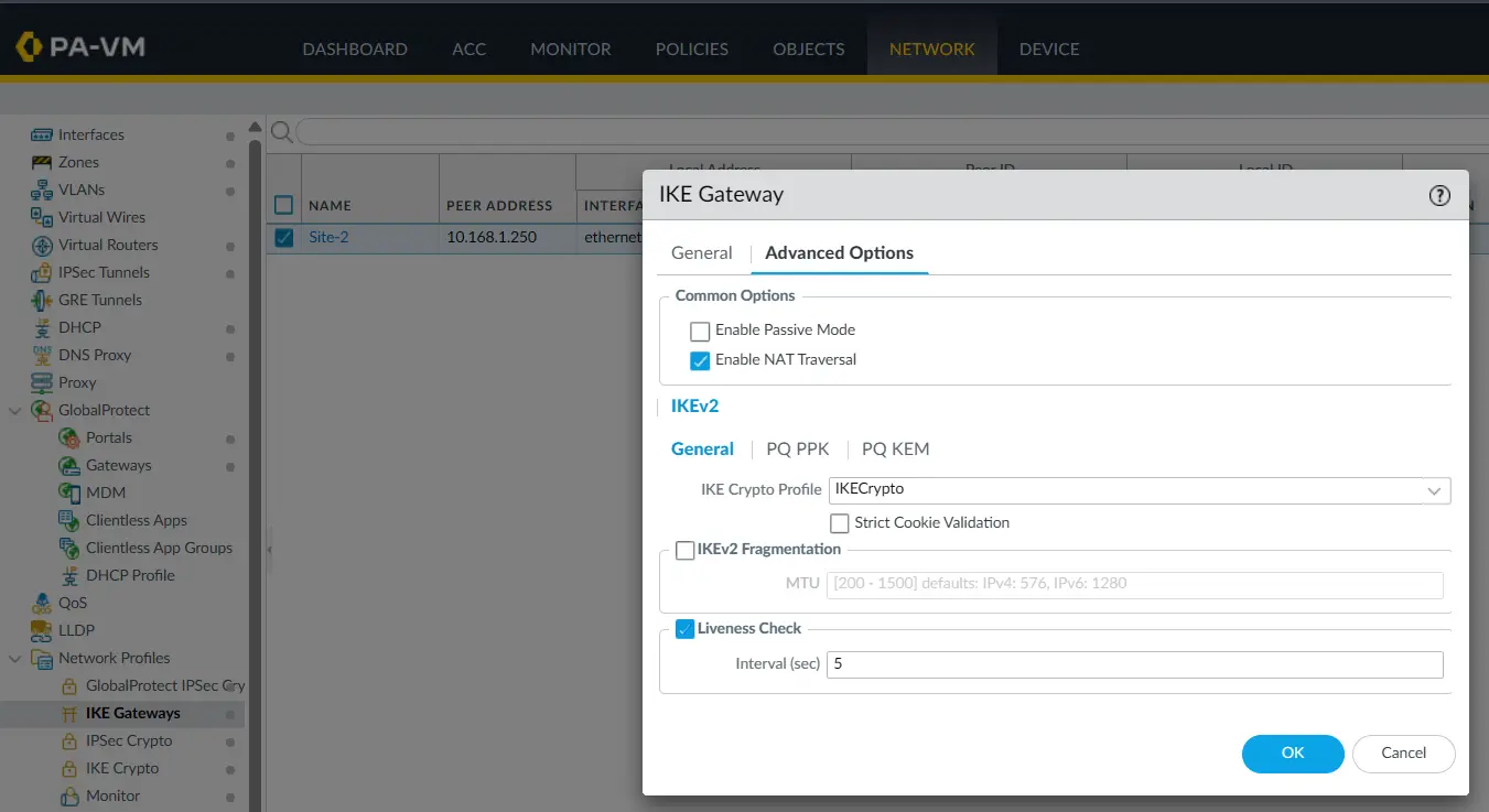PA-1 IKEv2 advanced options showing NAT Traversal and liveness checking
