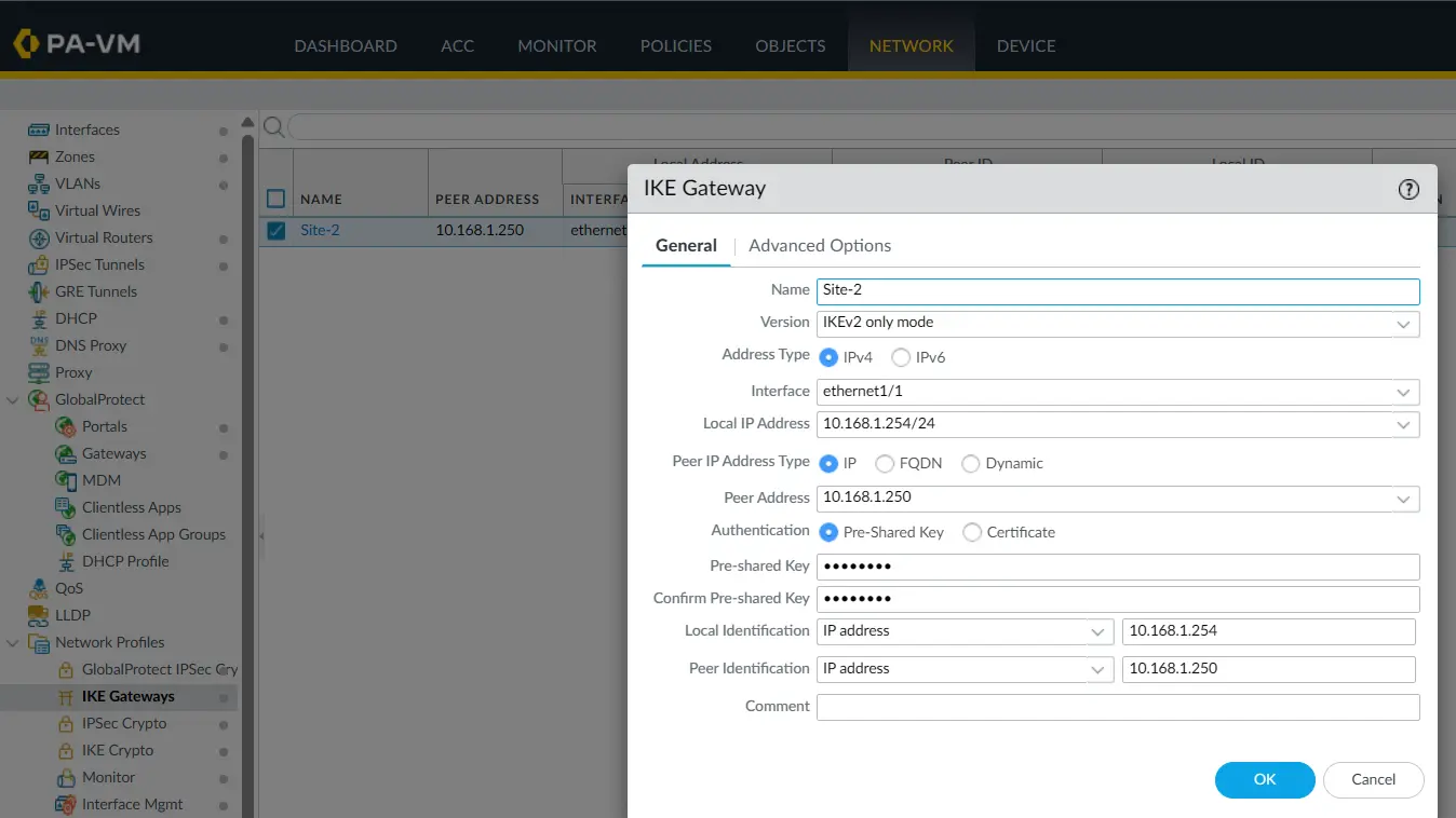 PA-1 IKE Gateway configured with the remote Palo Alto VPN peer