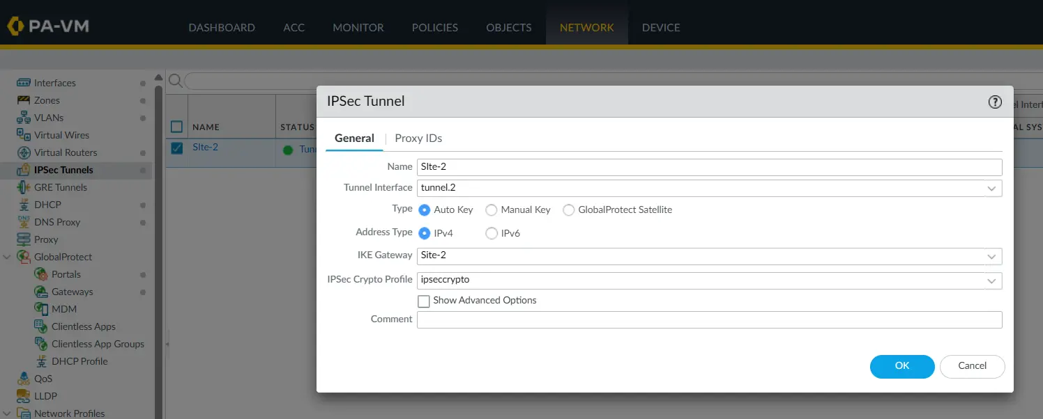 PA-1 IPsec tunnel configuration using tunnel.2 and the Site-2 IKE Gateway