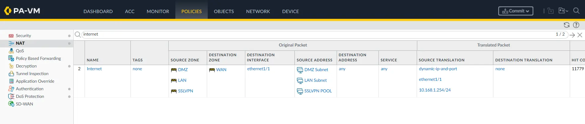 PA-1 Internet NAT policy using the WAN destination zone