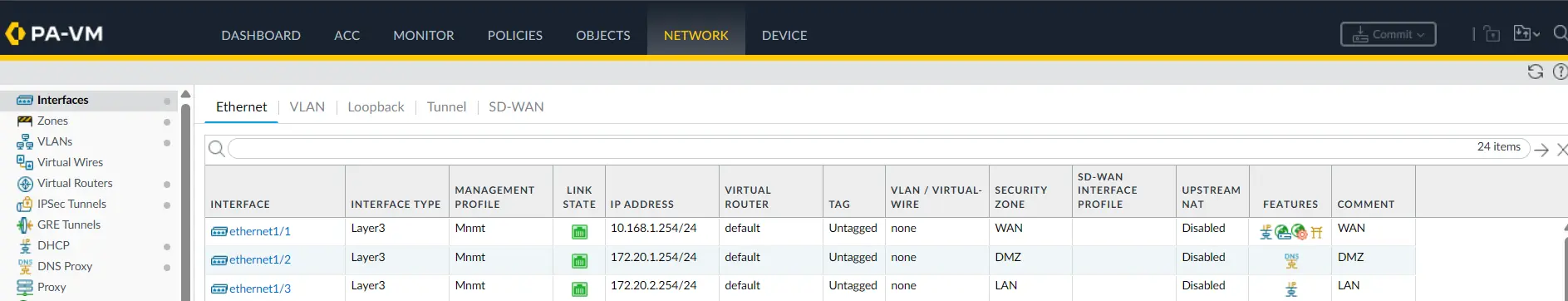PA-1 WAN, DMZ and LAN interface configuration