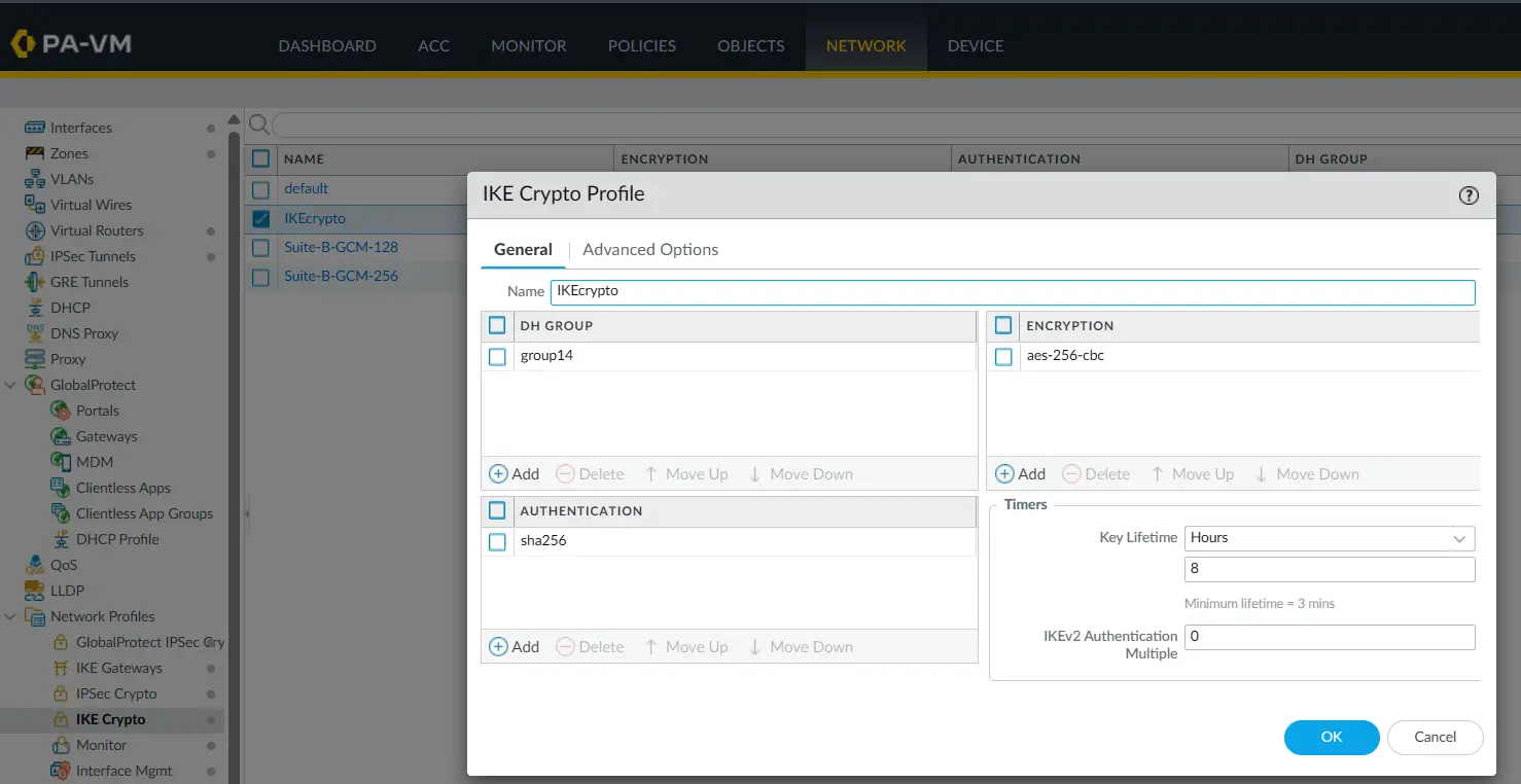 PA-2 IKE Crypto Profile showing DH Group 14, AES-256-CBC and SHA-256