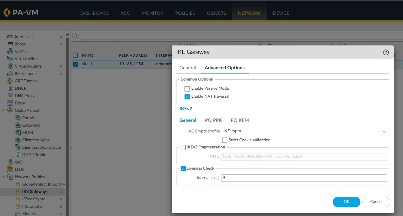 PA-2 IKEv2 advanced options showing NAT Traversal and liveness checking