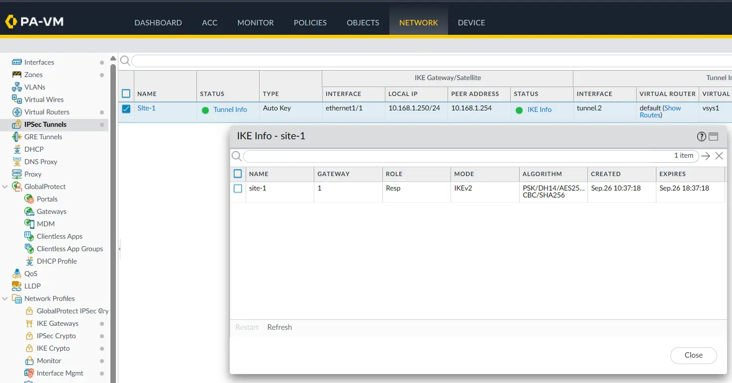 PA-2 IKEv2 security association showing the VPN negotiation is established