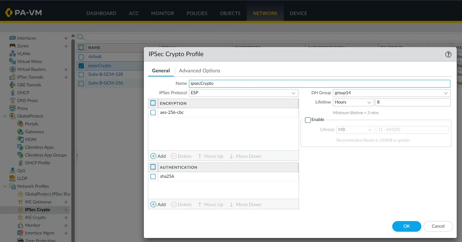 PA-2 IPsec Crypto Profile using ESP, AES-256-CBC, SHA-256 and DH Group 14