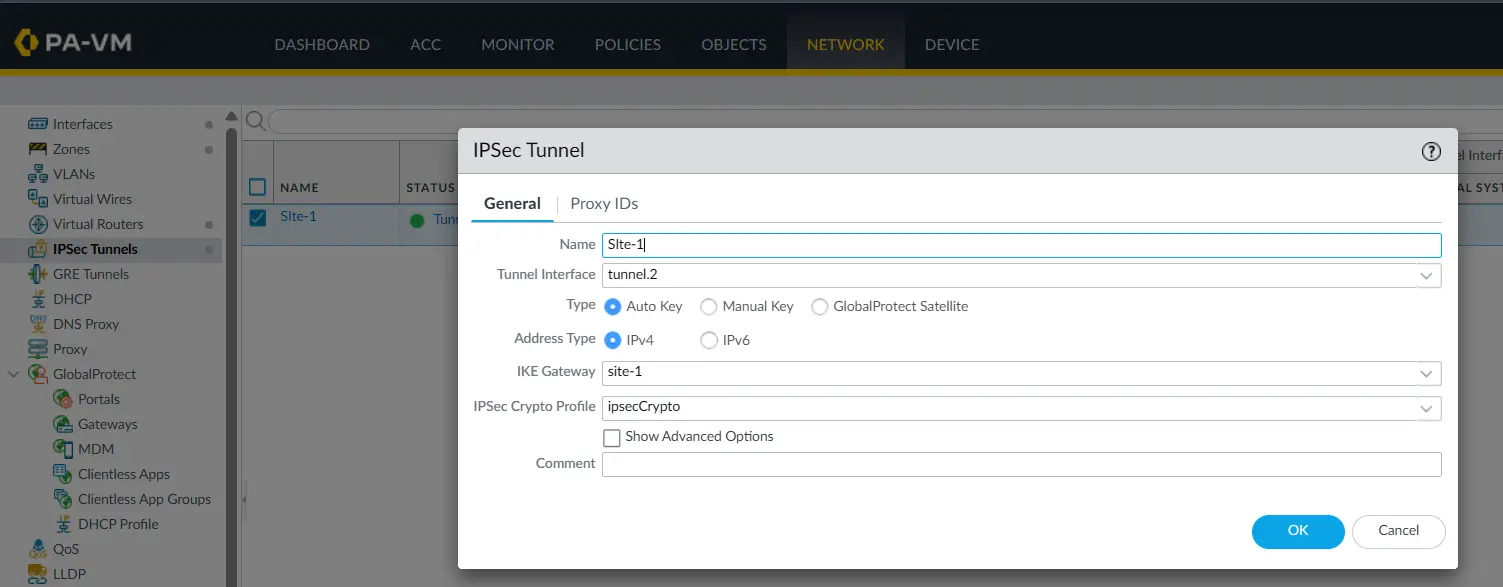 PA-2 IPsec tunnel configuration using tunnel.2 and the Site-1 IKE Gateway
