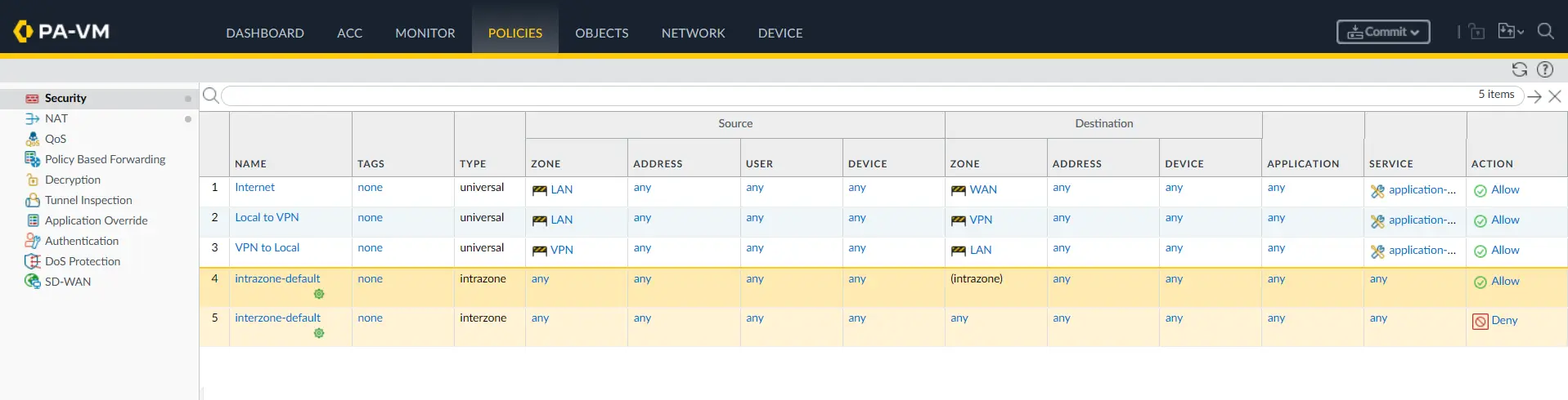 PA-2 security policies allowing traffic between the LAN and VPN zones
