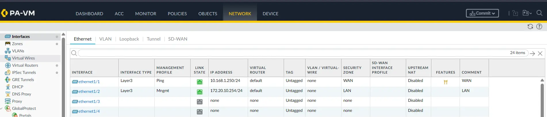 PA-2 WAN and LAN interface configuration