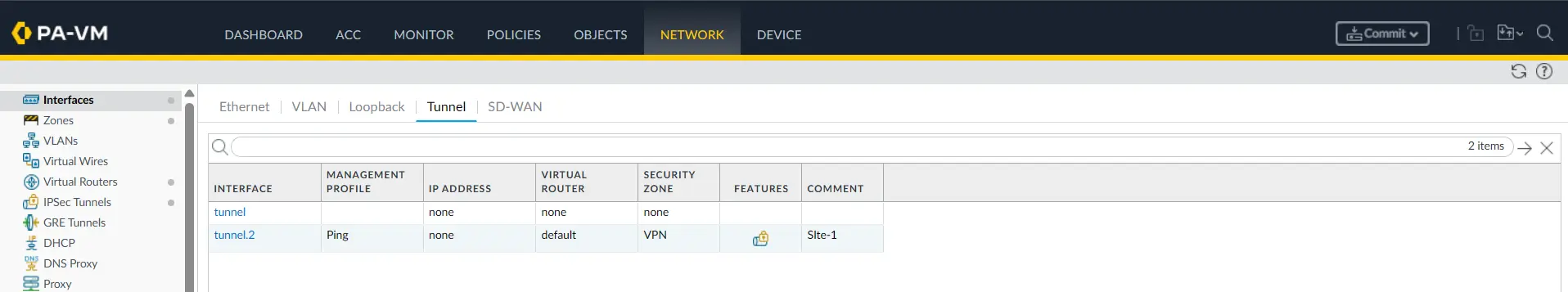 PA-2 tunnel.2 interface assigned to the VPN zone