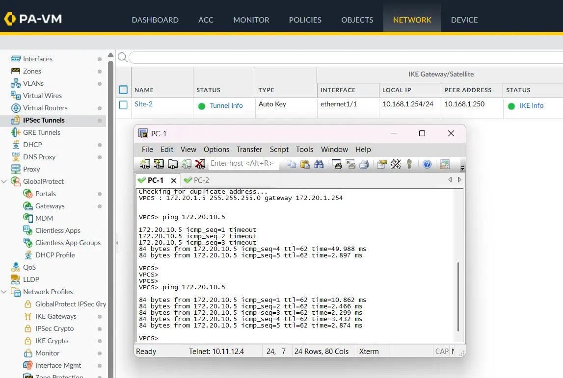PC-1 successfully pinging PC-2 through the site-to-site IPsec VPN