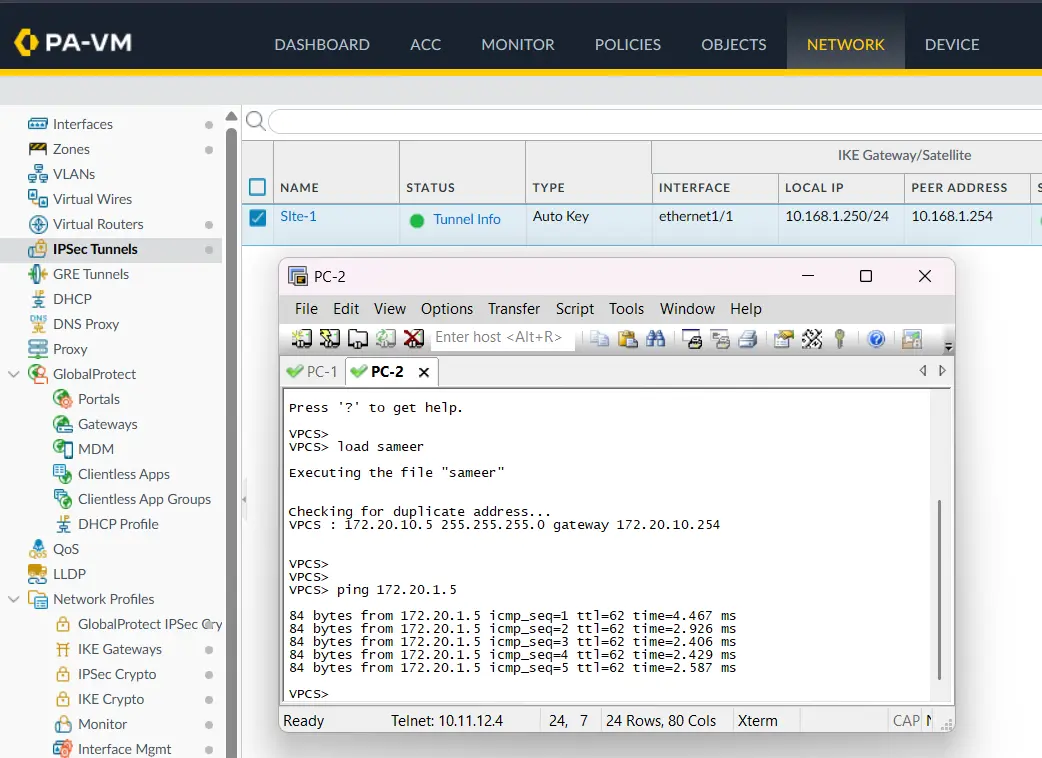 PC-2 successfully pinging PC-1 through the site-to-site IPsec VPN