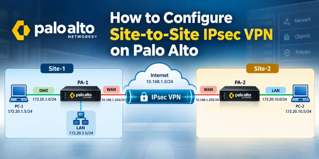 Site-to-site IPsec VPN configuration between two Palo Alto firewalls with DMZ and LAN networks