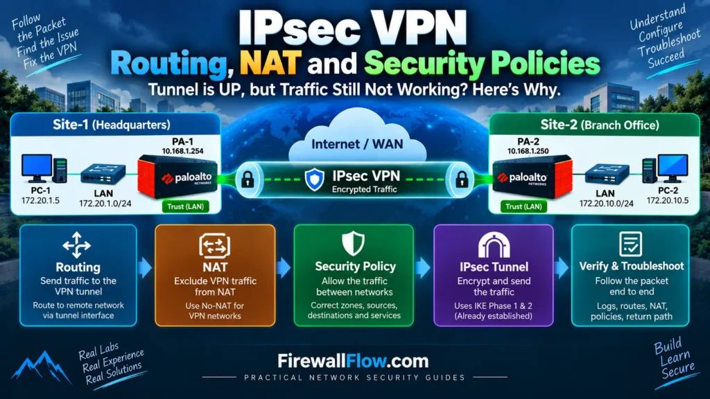 IPsec VPN routing, NAT and security policies between two network sites