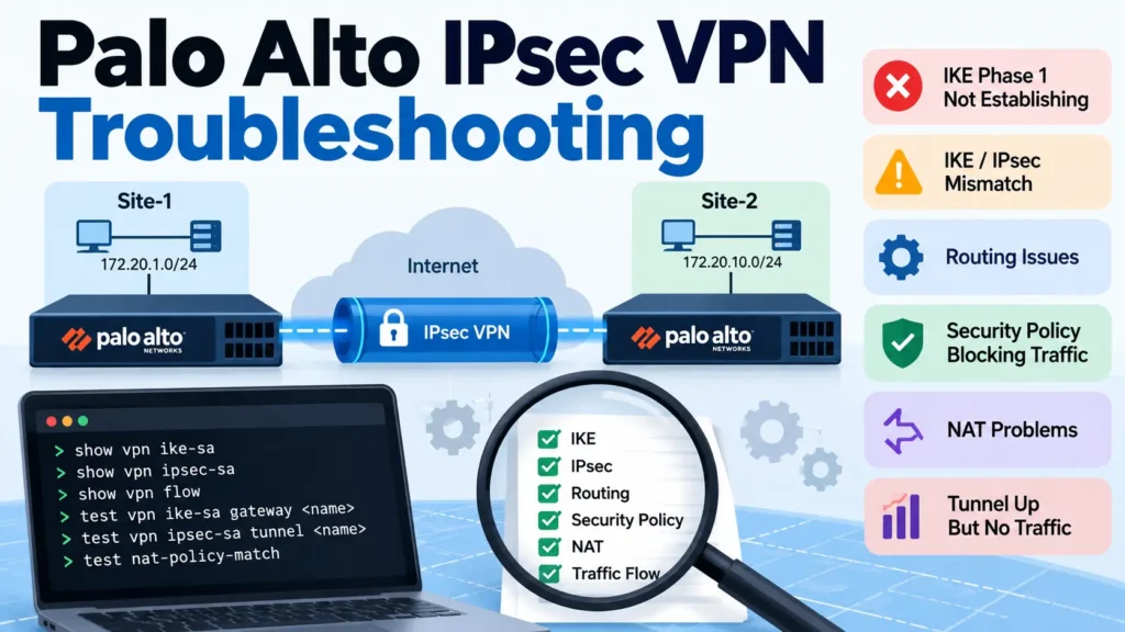 Palo Alto IPsec VPN troubleshooting showing common IKE, IPsec, routing, security policy, NAT, and traffic issues