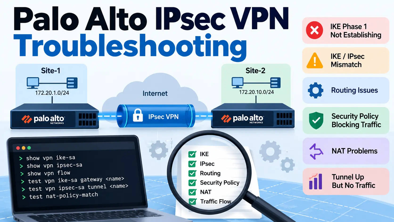 Palo Alto IPsec VPN troubleshooting showing common IKE, IPsec, routing, security policy, NAT, and traffic issues