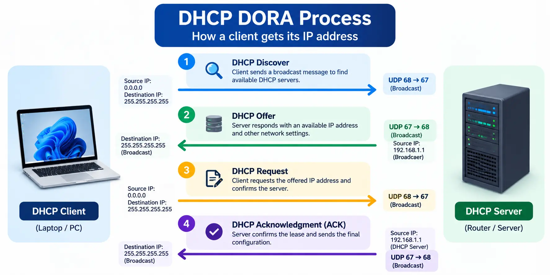 DHCP DORA process diagram showing Discover, Offer, Request, and Acknowledgment messages between a DHCP client and server.