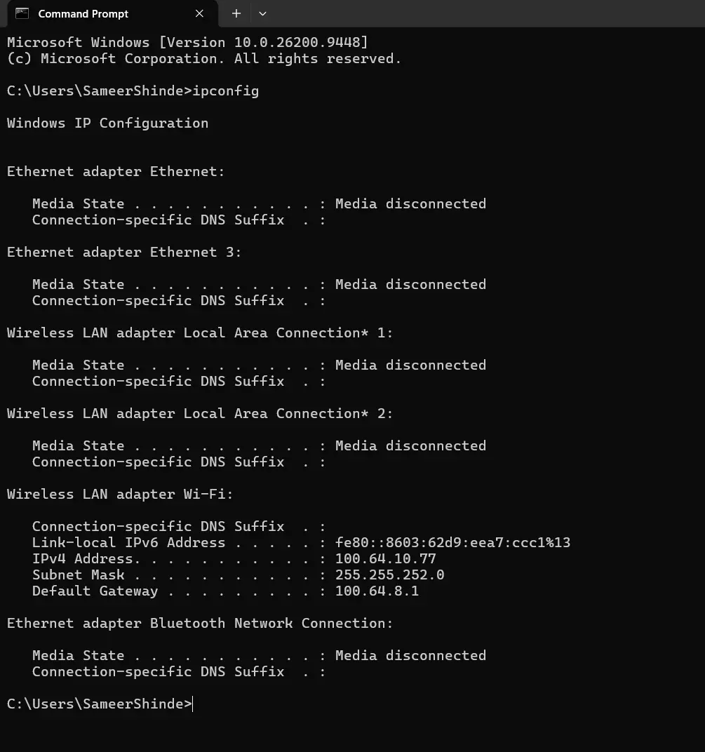 Finding the default gateway IP address using the Windows ipconfig command