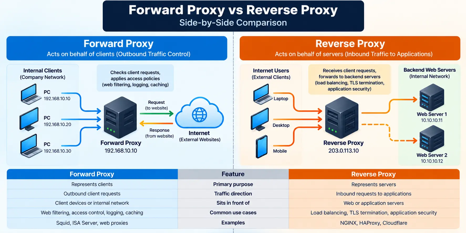 Forward proxy vs reverse proxy comparison diagram showing outbound traffic from internal clients through a forward proxy and inbound traffic through a reverse proxy to backend web servers.
