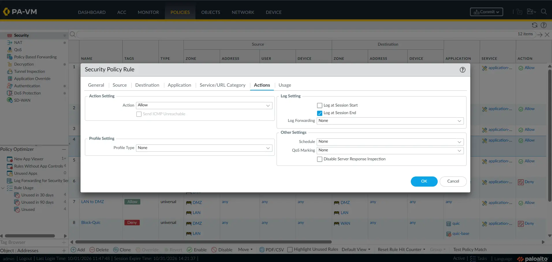 Palo Alto Security Policy action settings showing Allow and session-end logging