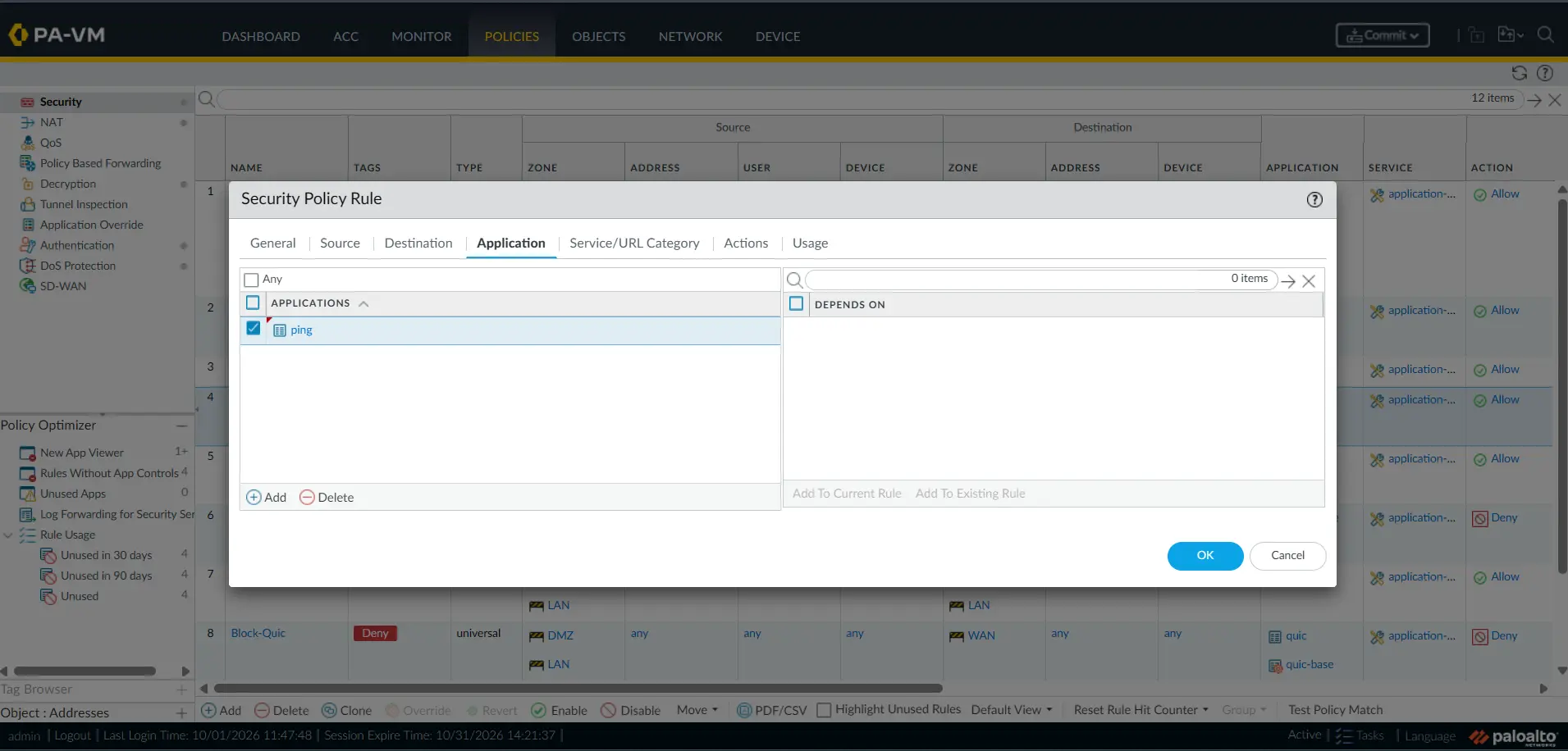 Palo Alto Security Policy application tab with ping selected