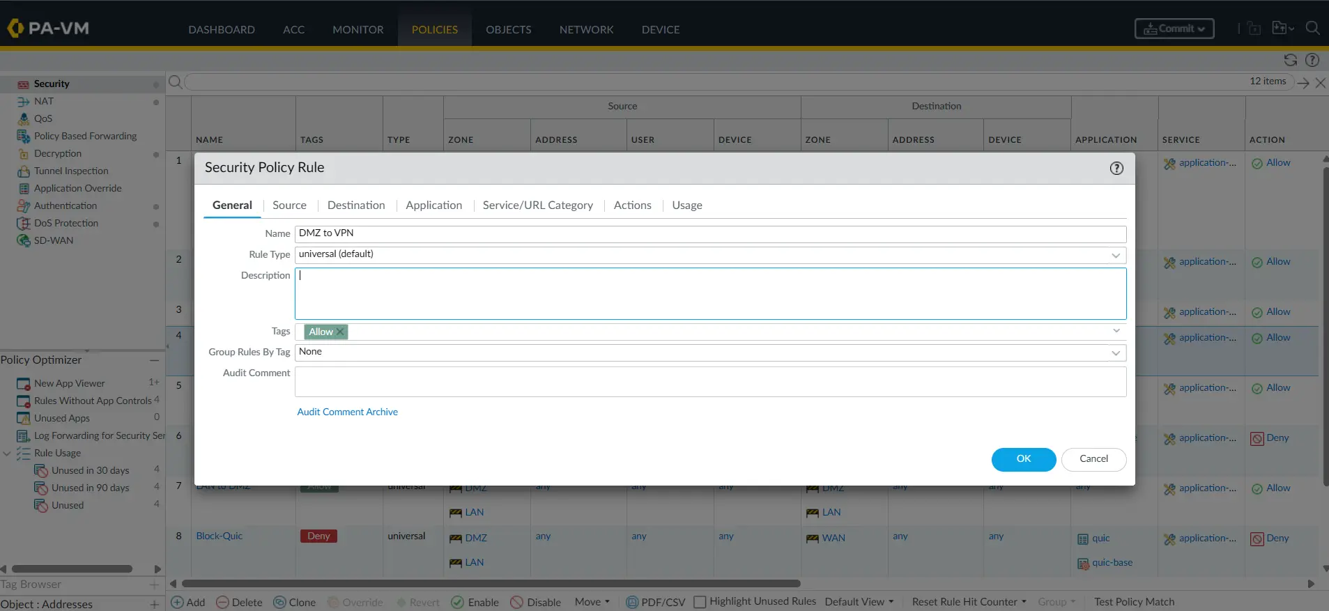Palo Alto Security Policy General tab showing the DMZ-to-VPN rule configuration