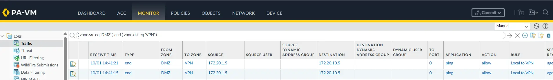 Palo Alto traffic log showing the security policy matched for VPN traffic