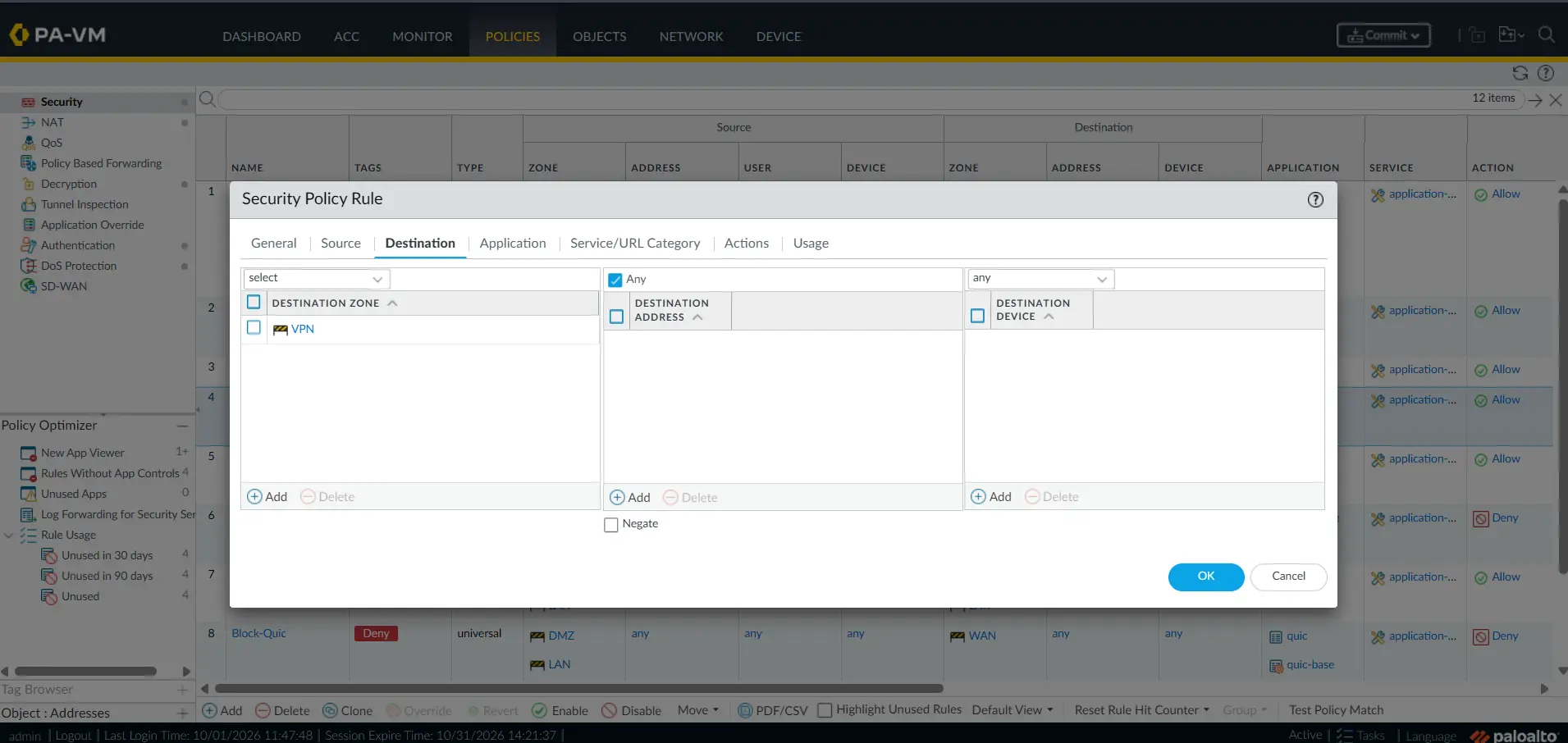 Palo Alto Security Policy destination tab with VPN selected as the destination zone
