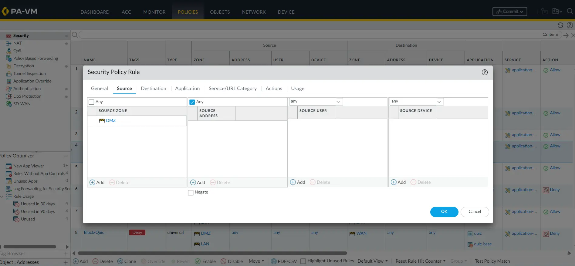 Palo Alto Security Policy source tab with DMZ selected as the source zone