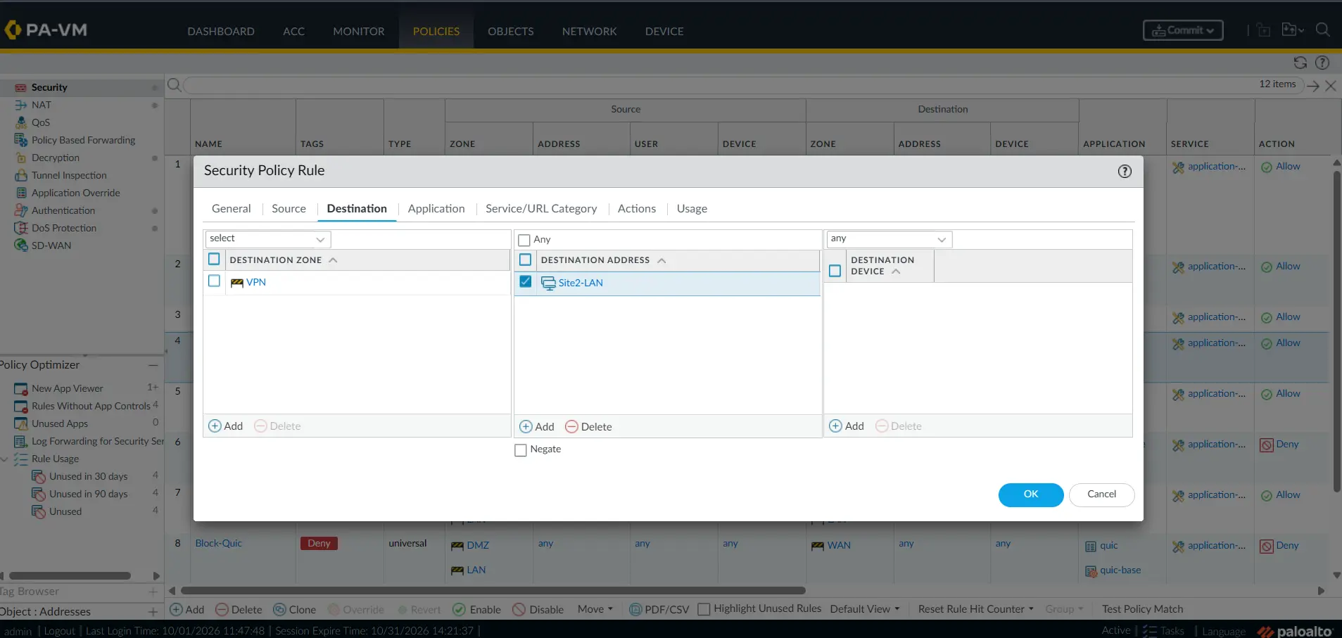 Palo Alto address object configured for the Site-2 LAN network 172.20.10.0/24